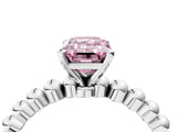 White gold Fancy Pink Emerald Cut Diamond Solitaire Ring with Beaded Band and Prong Setting_398