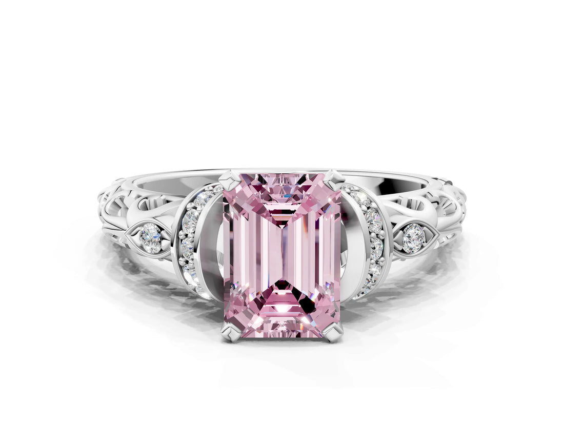 White gold Fancy Pink Emerald Cut Diamond Solitaire Ring with Filigree Band and Four-Prong Setting_84