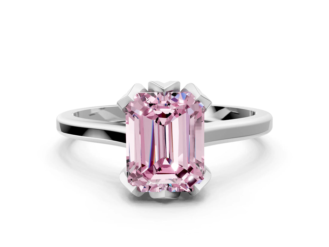White gold Fancy Pink Emerald Cut Diamond Solitaire Ring with Flower Prong Setting and Classic Band_106