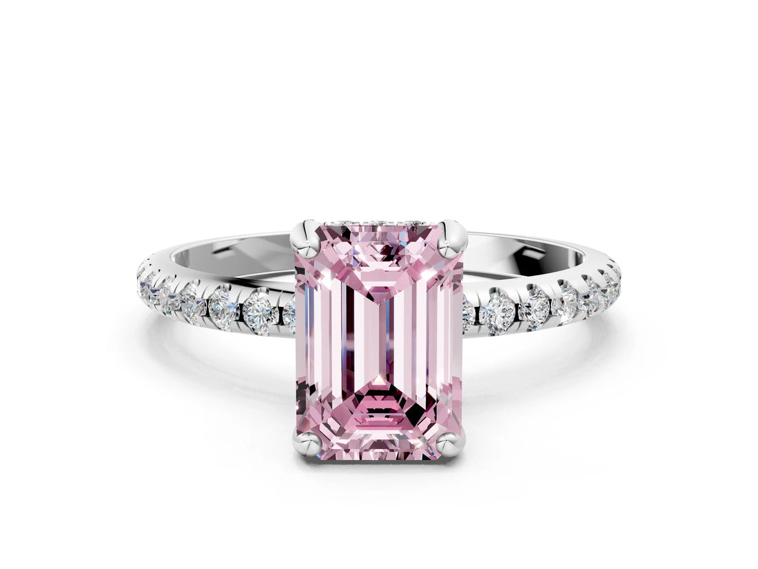 White gold Fancy Pink Emerald Cut Diamond Solitaire Ring with Four-Prong Setting and Pavé Band_3