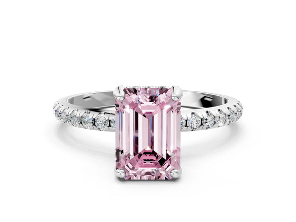 White gold Fancy Pink Emerald Cut Diamond Solitaire Ring with Four-Prong Setting and Pavé Band