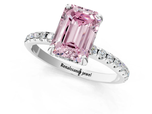 White gold Fancy Pink Emerald Cut Diamond Solitaire Ring with Four-Prong Setting and Pavé Band