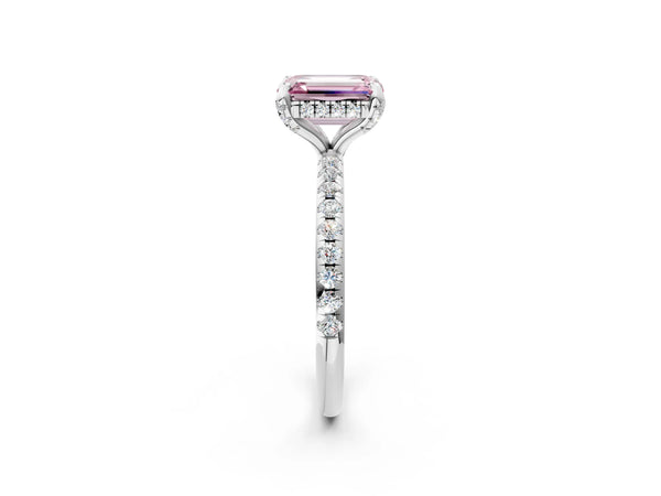 White gold Fancy Pink Emerald Cut Diamond Solitaire Ring with Four-Prong Setting and Pavé Band