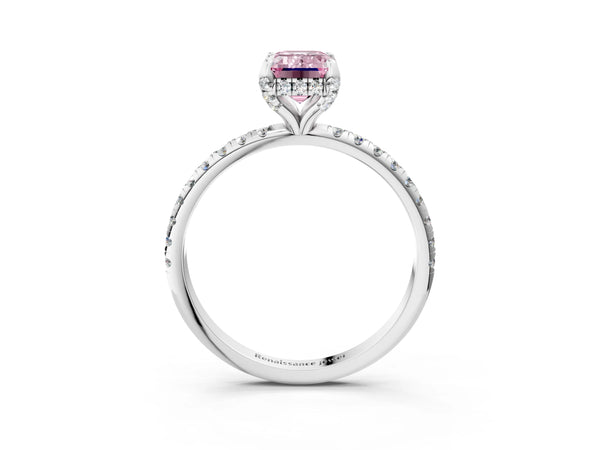 White gold Fancy Pink Emerald Cut Diamond Solitaire Ring with Four-Prong Setting and Pavé Band