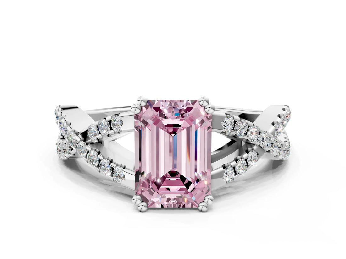 White gold Fancy Pink Emerald Cut Diamond Solitaire Ring with Four-Prong Setting and Twisted Pavé Band_34