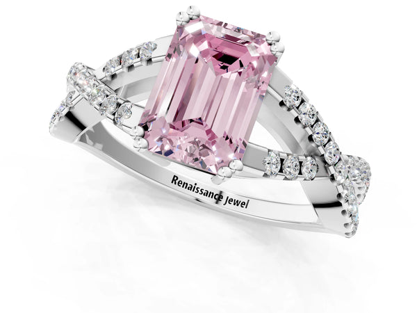 White gold Fancy Pink Emerald Cut Diamond Solitaire Ring with Four-Prong Setting and Twisted Pavé Band