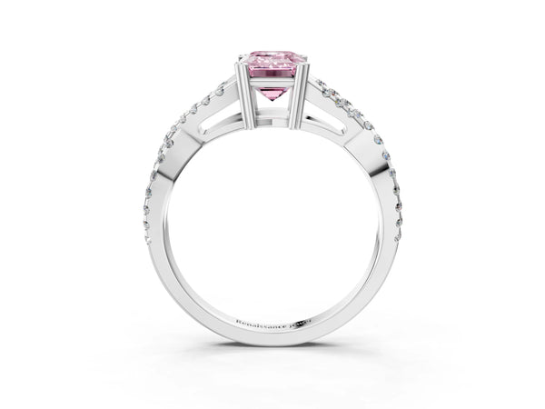 White gold Fancy Pink Emerald Cut Diamond Solitaire Ring with Four-Prong Setting and Twisted Pavé Band