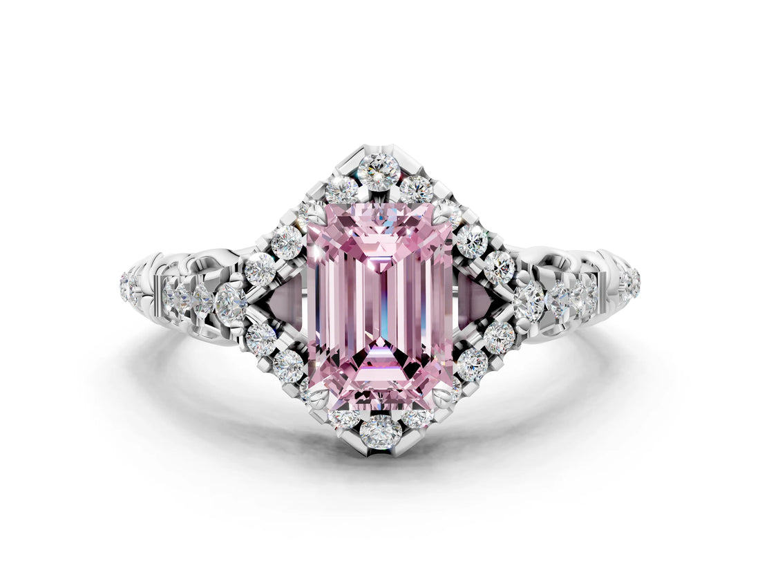 White gold Fancy Pink Emerald Cut Diamond Solitaire Ring with Hidden Halo and Pavé Band_57