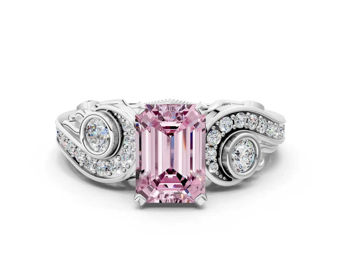 White gold Fancy Pink Emerald Cut Diamond Solitaire Ring with Milgrain Pavé Band and Four-Prong Setting_249