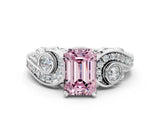White gold Fancy Pink Emerald Cut Diamond Solitaire Ring with Milgrain Pavé Band and Four-Prong Setting_249