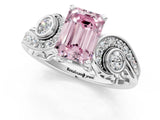White gold Fancy Pink Emerald Cut Diamond Solitaire Ring with Milgrain Pavé Band and Four-Prong Setting_250