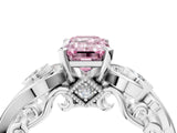 White gold Fancy Pink Emerald Cut Diamond Solitaire Ring with Milgrain Pavé Band and Four-Prong Setting_253