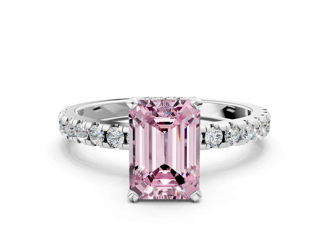White gold Fancy Pink Emerald Cut Diamond Solitaire Ring with Pavé Band and Four-Prong Setting_73