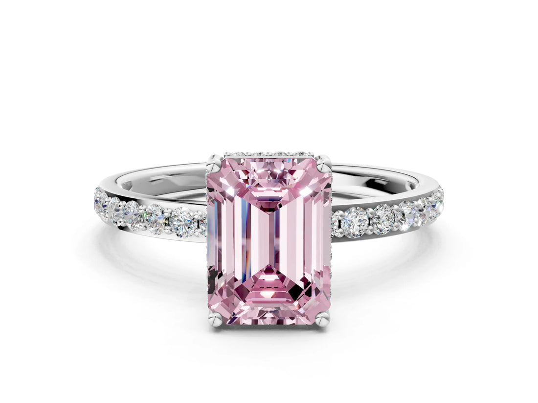 White gold Fancy Pink Emerald Cut Diamond Solitaire Ring with Pavé Band and Hidden Halo_32
