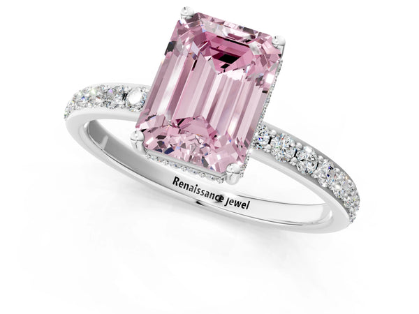 White gold Fancy Pink Emerald Cut Diamond Solitaire Ring with Pavé Band and Hidden Halo