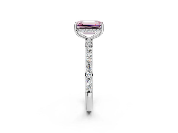 White gold Fancy Pink Emerald Cut Diamond Solitaire Ring with Pavé Band and Hidden Halo