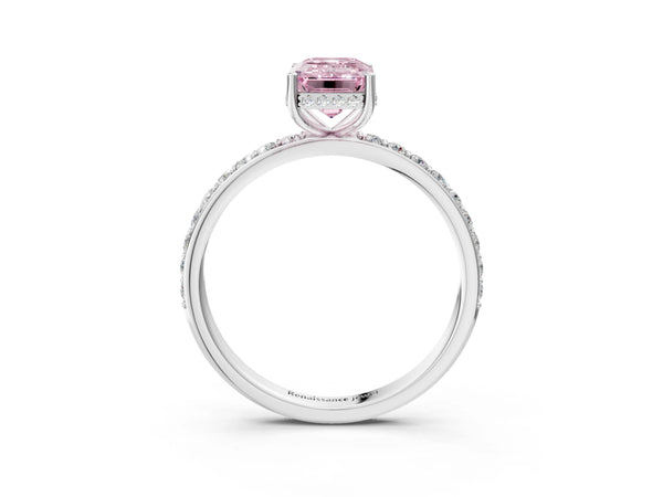 White gold Fancy Pink Emerald Cut Diamond Solitaire Ring with Pavé Band and Hidden Halo