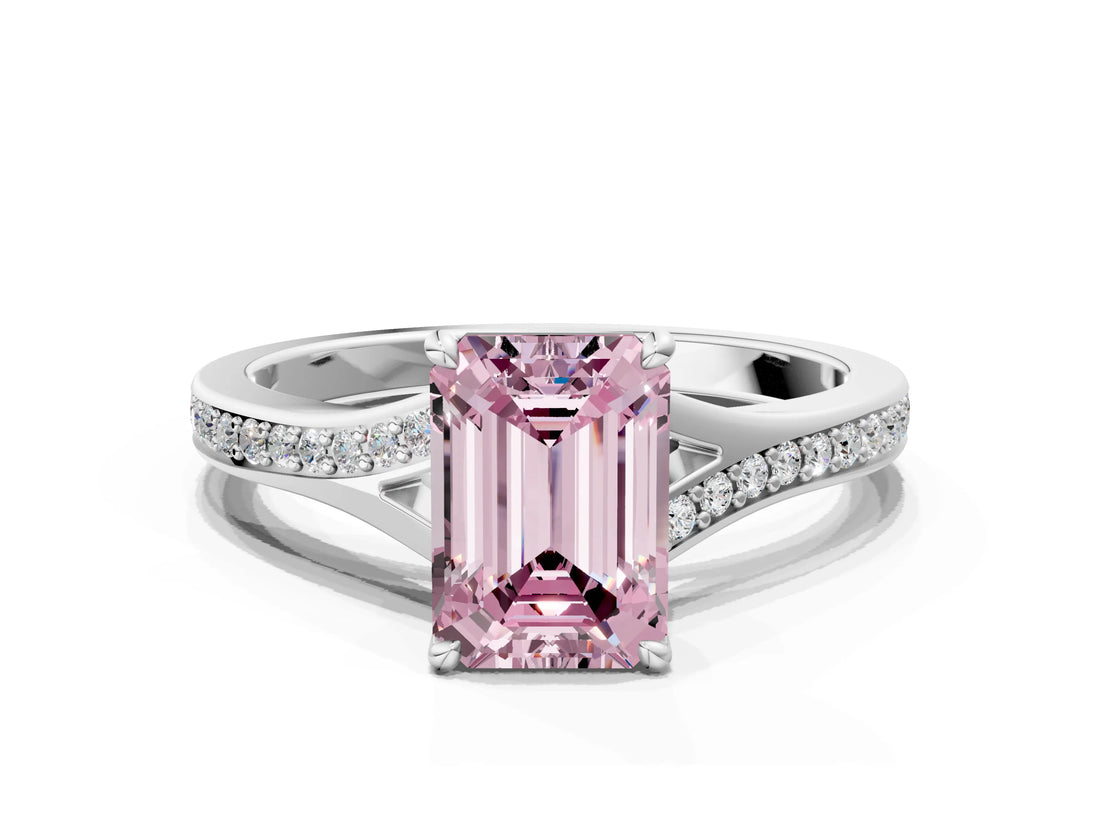 White gold Fancy Pink Emerald Cut Diamond Solitaire Ring with Pavé Band and Prong Setting_12