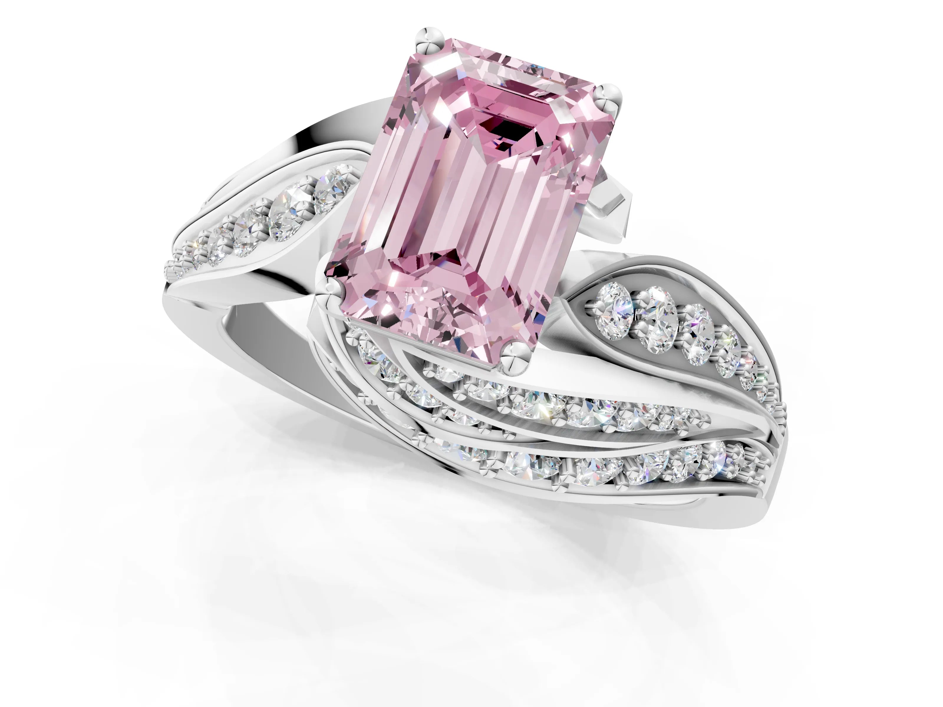 White gold Fancy Pink Emerald Cut Diamond Solitaire Ring with Prong Setting and Twisted Pavé Band_1