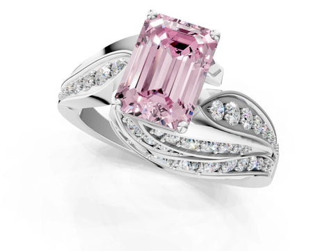 White gold Fancy Pink Emerald Cut Diamond Solitaire Ring with Prong Setting and Twisted Pavé Band_1