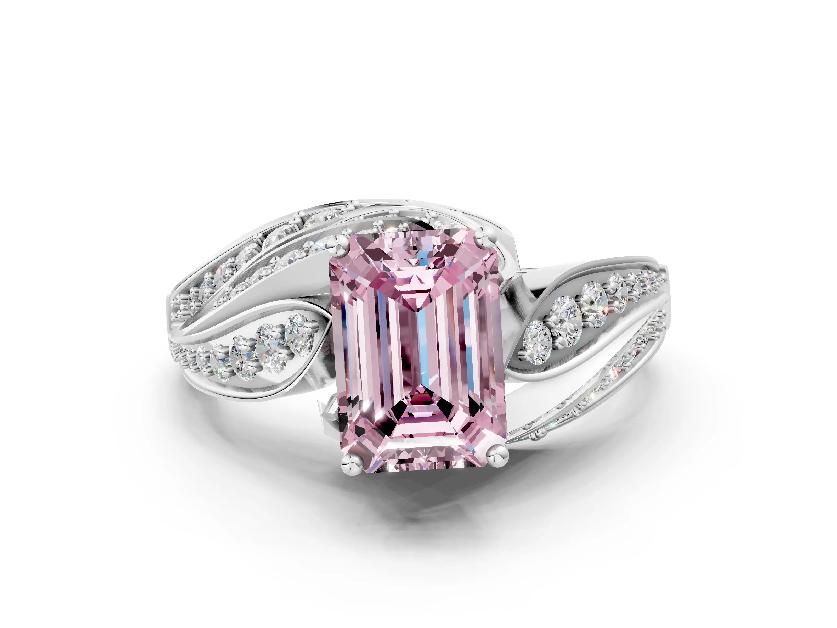White gold Fancy Pink Emerald Cut Diamond Solitaire Ring with Prong Setting and Twisted Pavé Band_24