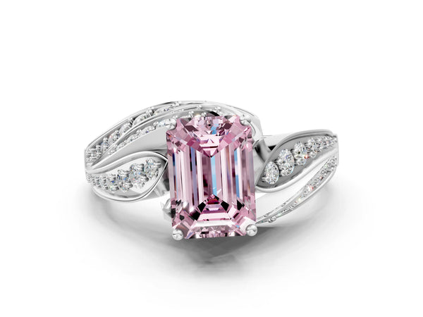 White gold Fancy Pink Emerald Cut Diamond Solitaire Ring with Prong Setting and Twisted Pavé Band