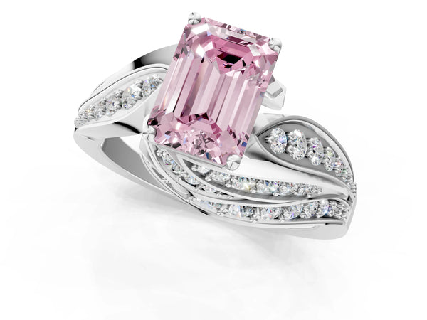 White gold Fancy Pink Emerald Cut Diamond Solitaire Ring with Prong Setting and Twisted Pavé Band