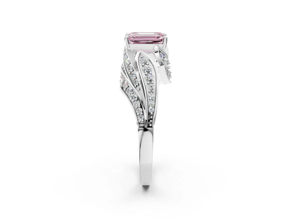 White gold Fancy Pink Emerald Cut Diamond Solitaire Ring with Prong Setting and Twisted Pavé Band