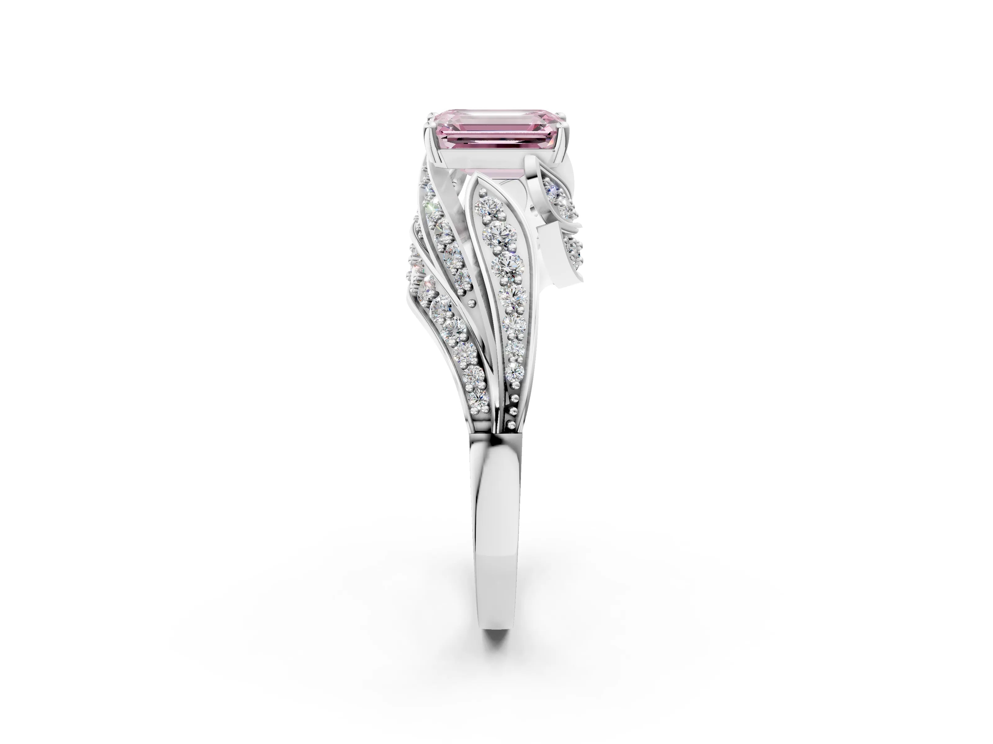 White gold Fancy Pink Emerald Cut Diamond Solitaire Ring with Prong Setting and Twisted Pavé Band_26