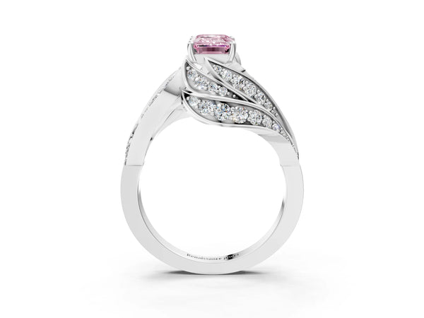 White gold Fancy Pink Emerald Cut Diamond Solitaire Ring with Prong Setting and Twisted Pavé Band