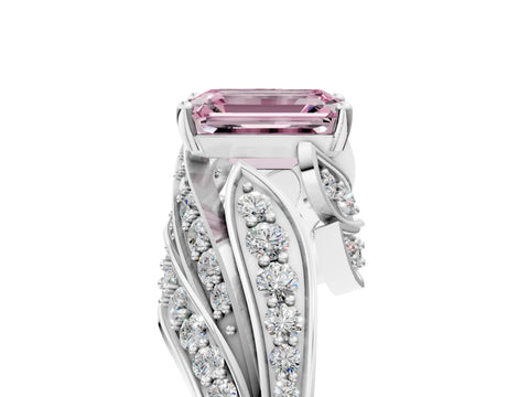 White gold Fancy Pink Emerald Cut Diamond Solitaire Ring with Prong Setting and Twisted Pavé Band_29