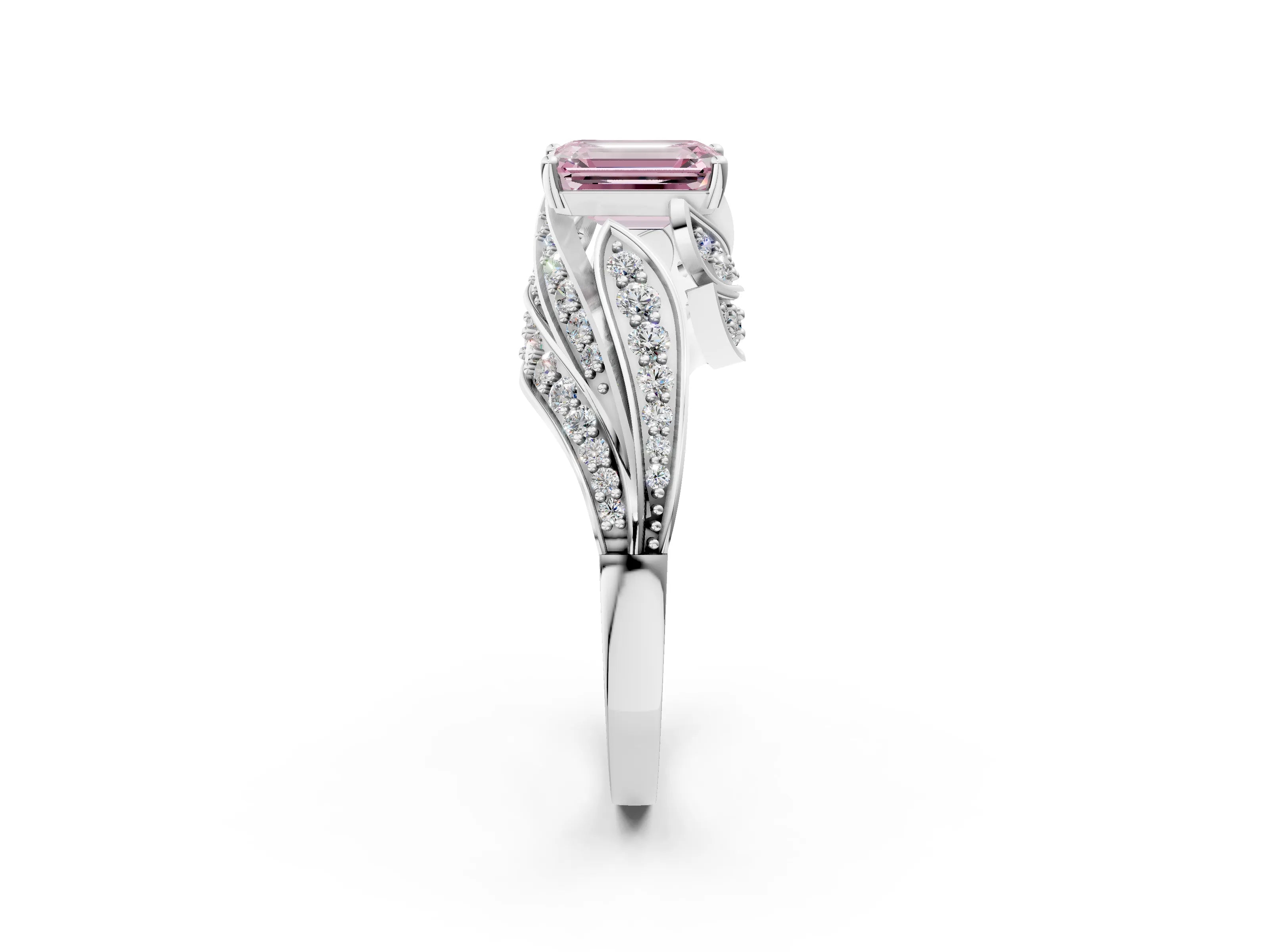 White gold Fancy Pink Emerald Cut Diamond Solitaire Ring with Prong Setting and Twisted Pavé Band_2