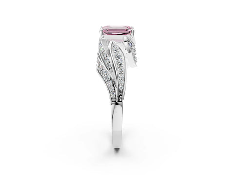 White gold Fancy Pink Emerald Cut Diamond Solitaire Ring with Prong Setting and Twisted Pavé Band_2
