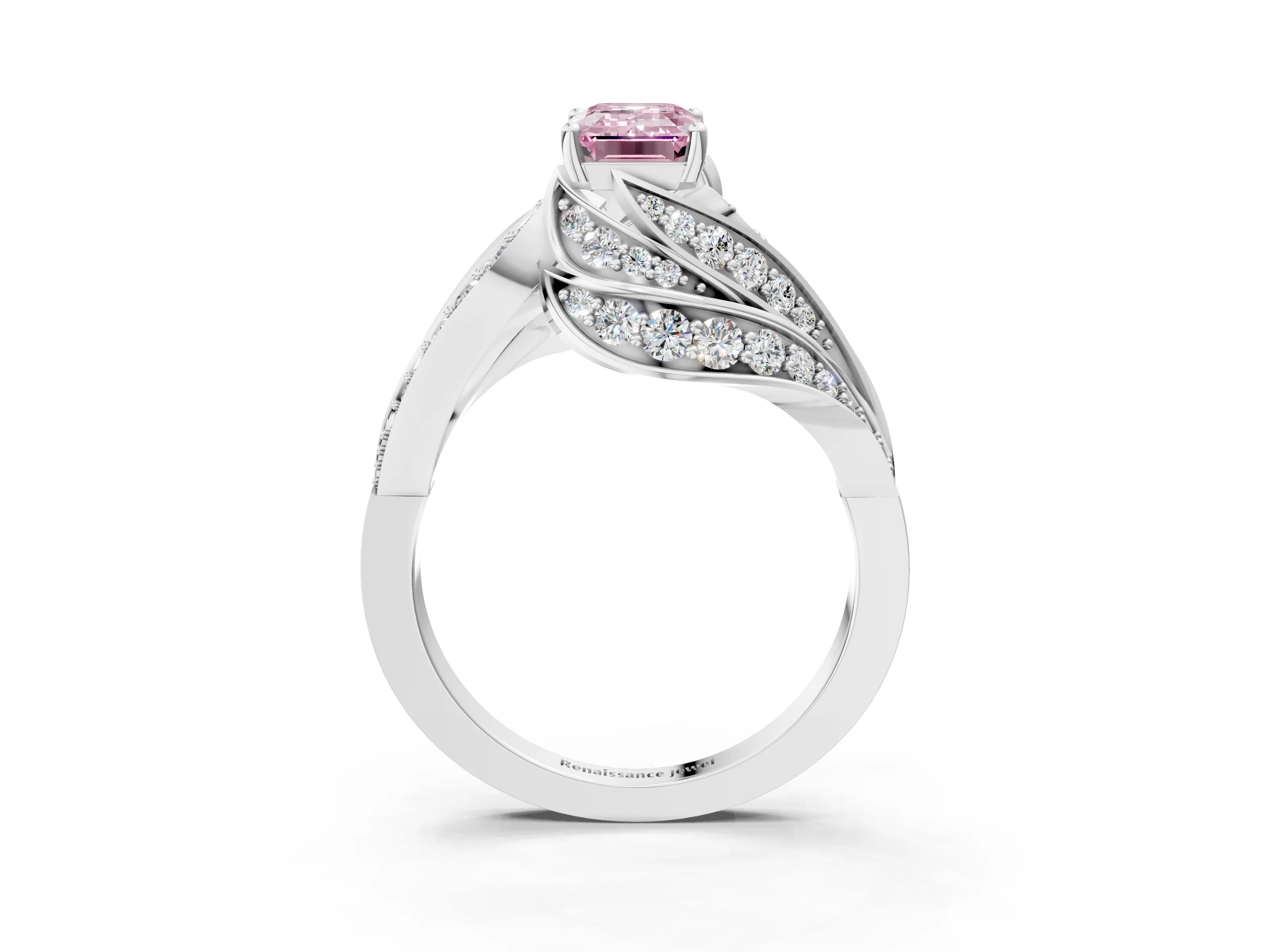 White gold Fancy Pink Emerald Cut Diamond Solitaire Ring with Prong Setting and Twisted Pavé Band_3