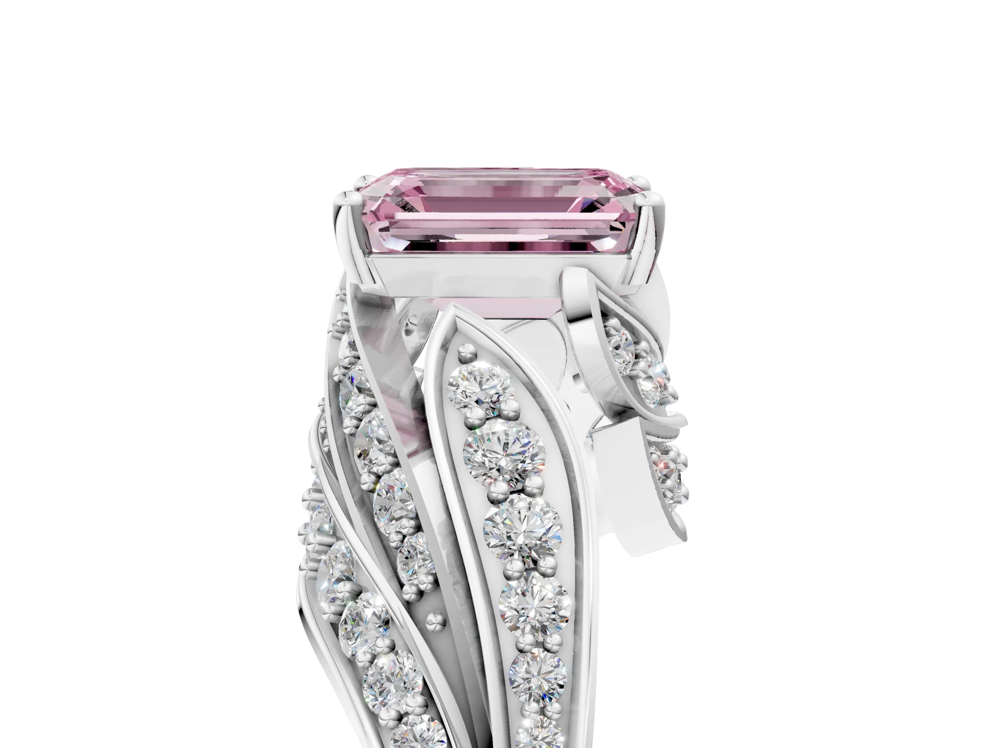 White gold Fancy Pink Emerald Cut Diamond Solitaire Ring with Prong Setting and Twisted Pavé Band_5