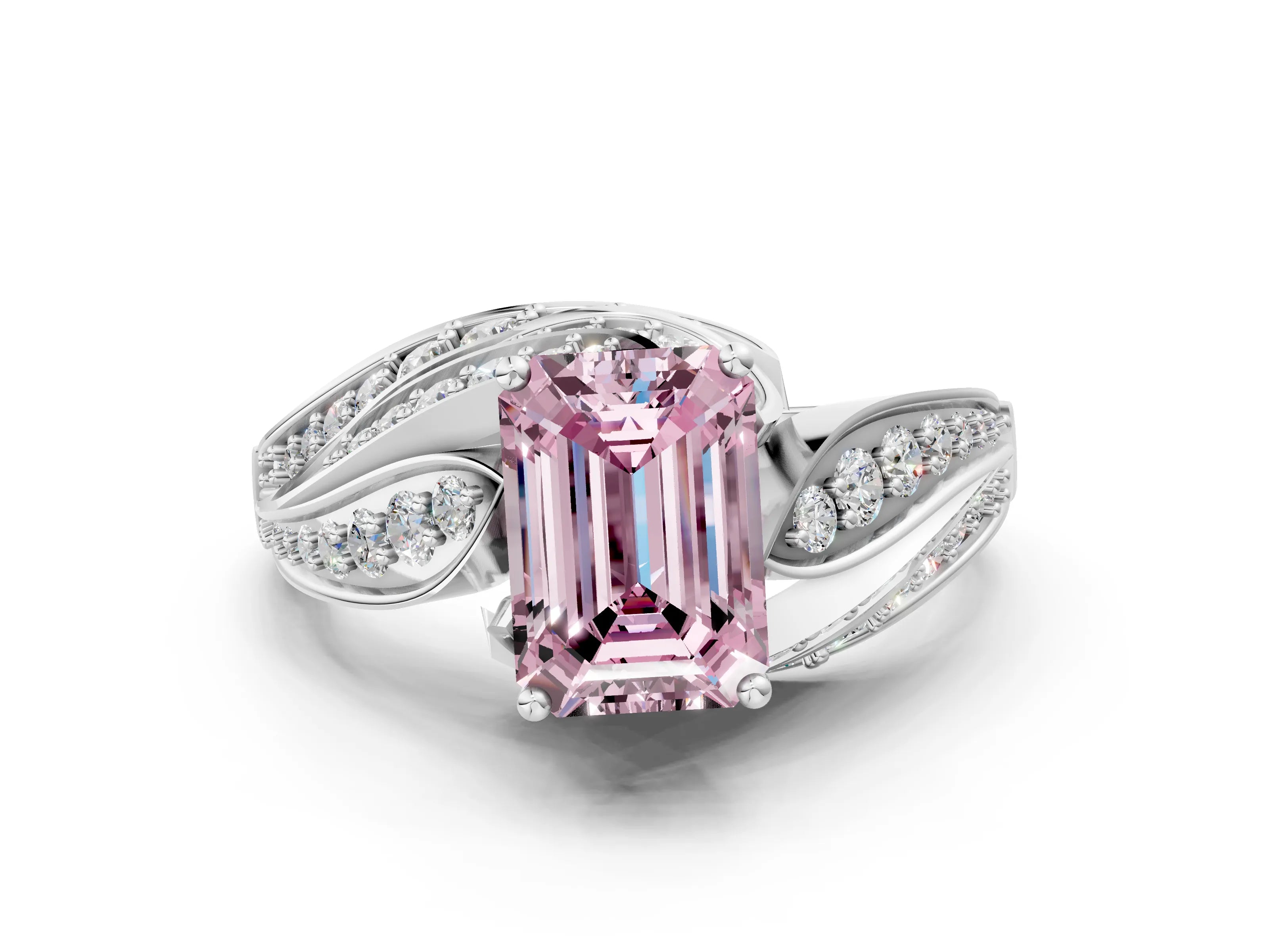 White gold Fancy Pink Emerald Cut Diamond Solitaire Ring with Prong Setting and Twisted Pavé Band
