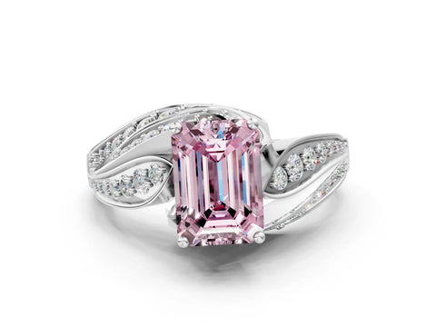 White gold Fancy Pink Emerald Cut Diamond Solitaire Ring with Prong Setting and Twisted Pavé Band