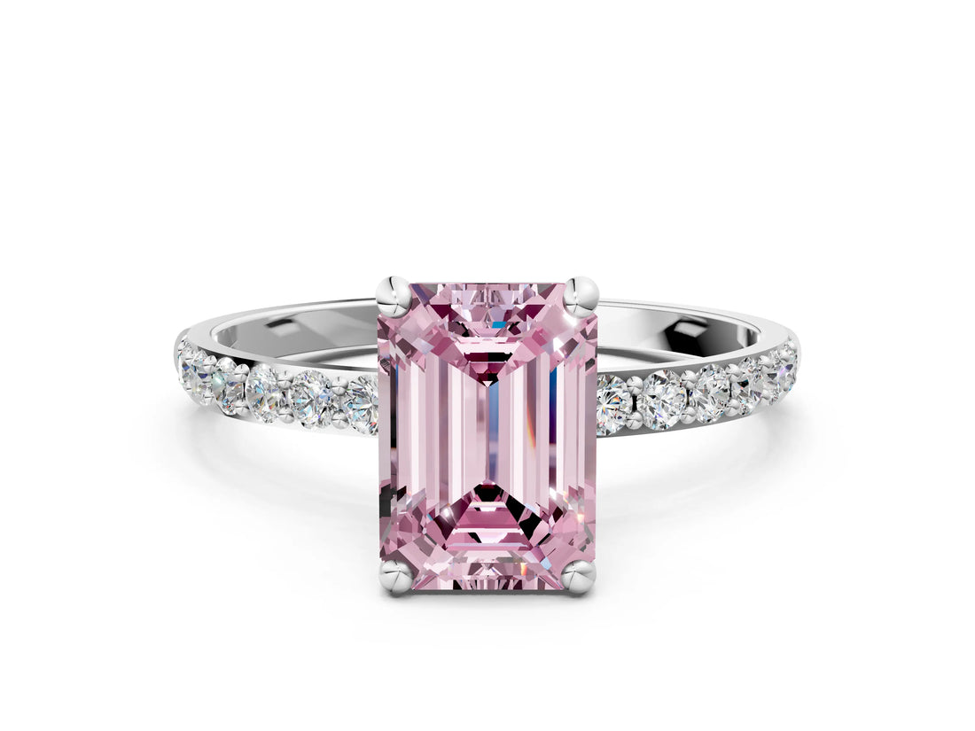 White gold Fancy Pink Emerald Cut Diamond Solitaire Ring with Round  Pavé Band and Prong Setting_180