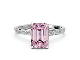 White gold Fancy Pink Emerald Cut Diamond Solitaire Ring with Round  Pavé Band and Prong Setting_180