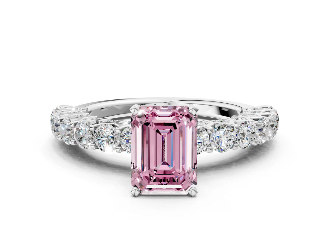 White gold Fancy Pink Emerald Cut Diamond Solitaire Ring with Shared Prong Pavé Band and Four-Prong Setting_58