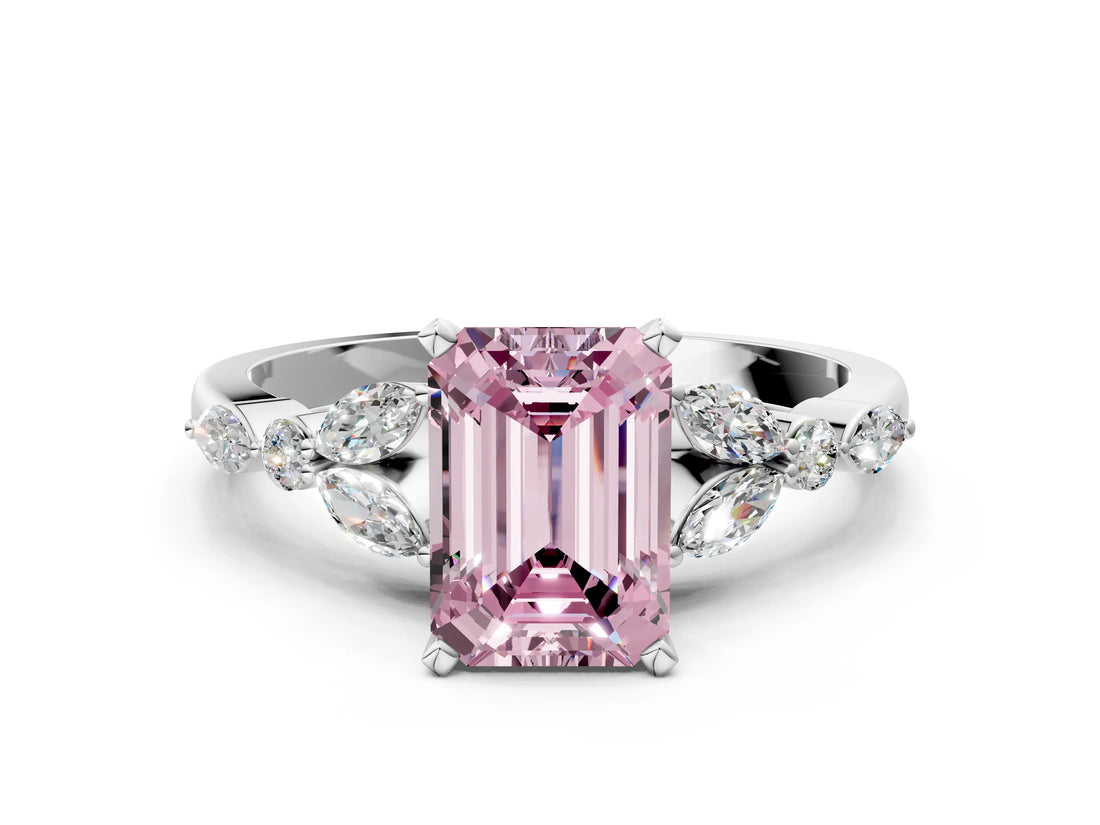 White gold Fancy Pink Emerald Cut Diamond Solitaire Ring with Side Stones and Four-Prong Setting_251