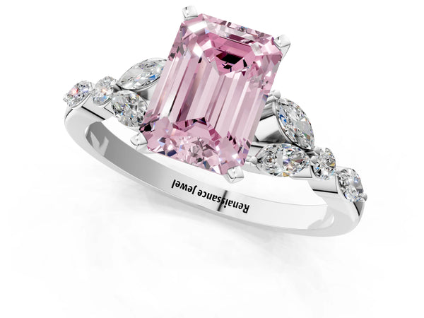 White gold Fancy Pink Emerald Cut Diamond Solitaire Ring with Side Stones and Four-Prong Setting