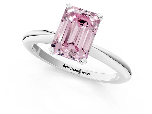 White gold Fancy Pink Emerald Cut Diamond Solitaire Ring with Six-Prong Setting and Classic Band
