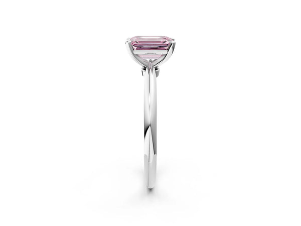 White gold Fancy Pink Emerald Cut Diamond Solitaire Ring with Six-Prong Setting and Classic Band