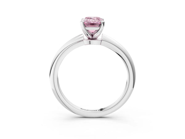 White gold Fancy Pink Emerald Cut Diamond Solitaire Ring with Six-Prong Setting and Classic Band