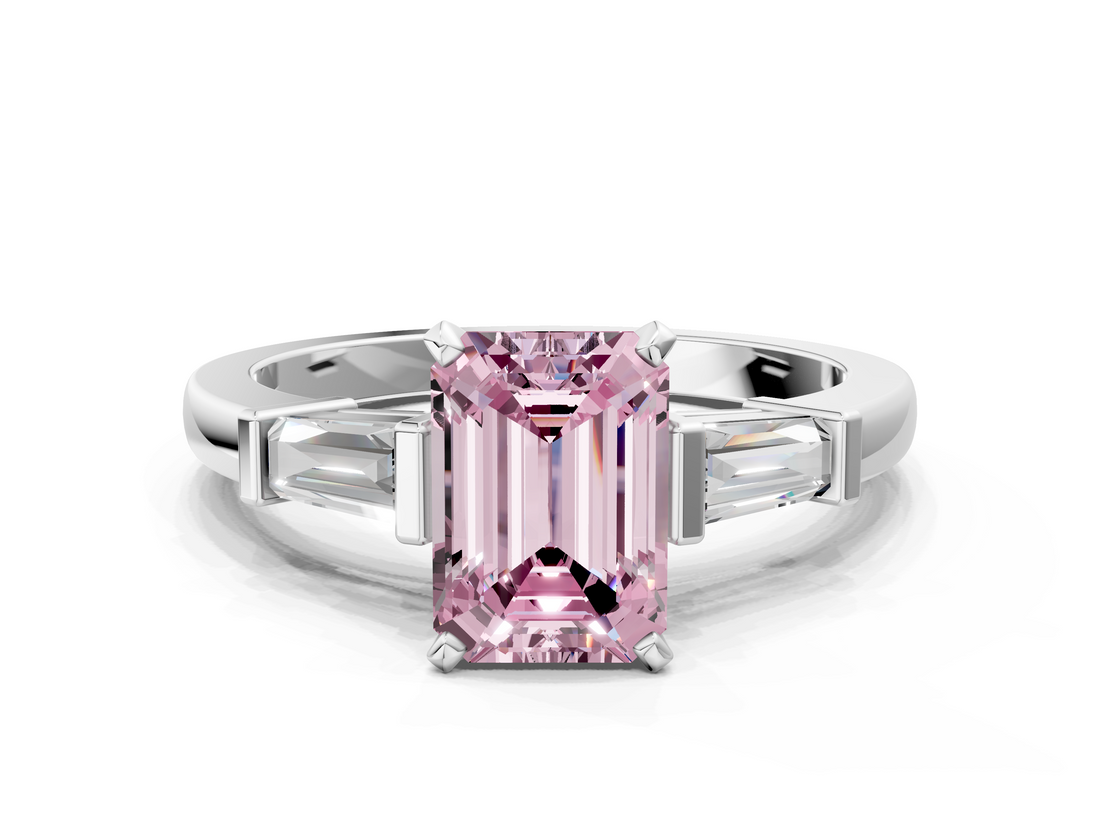White gold Fancy Pink Emerald  Cut Diamond Solitaire Ring with Tapered Baguette Accents and Four-Prong Setting_75