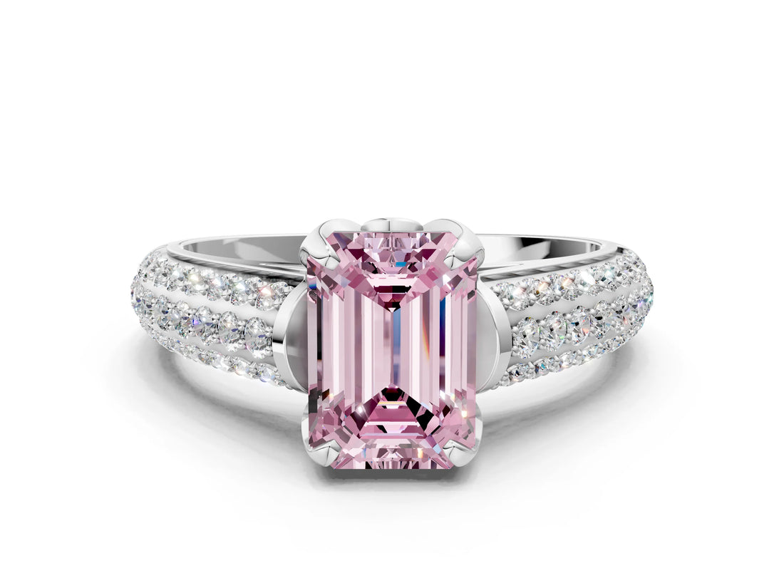 White gold Fancy Pink Emerald Cut Diamond Solitaire Ring with Three-Row Pavé Band and Four-Prong Setting_49