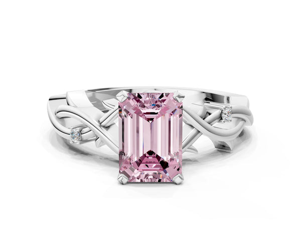 White Gold Emerald Cut Solitaire Engagement Ring Setting for Fancy Pink Center with Vine Twist Band