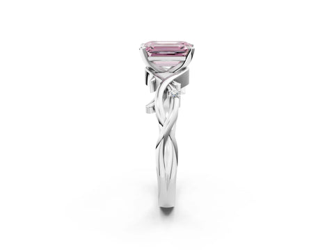 White gold Fancy Pink Emerald Cut Diamond Solitaire Ring with Twisted Band and Prong Setting_334