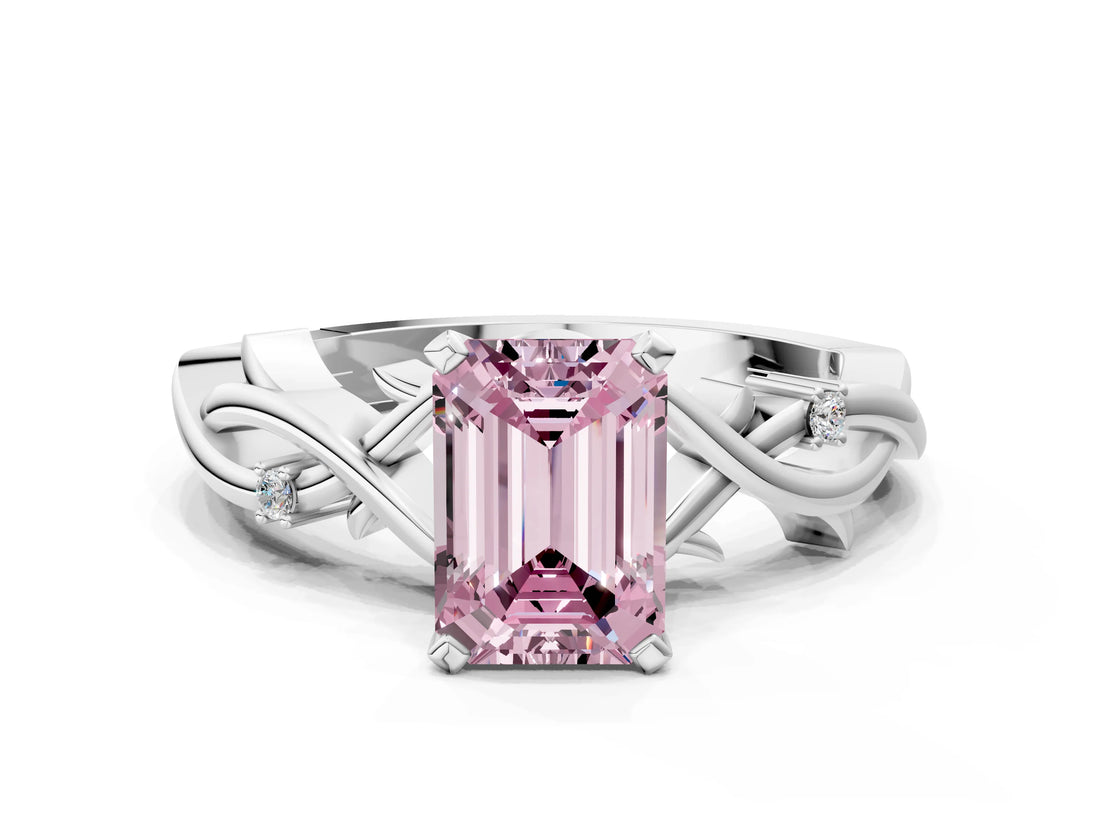 White gold Fancy Pink Emerald Cut Diamond Solitaire Ring with Twisted Band and Prong Setting_337